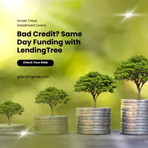 Person holding cash with text: LendingTree tribal installment loans for bad credit same day funding USA 2025